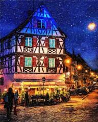 Fototapeta na wymiar Colorful painting modern artistic artwork, real brush strokes, drawing in oil European famous old street view, beautiful old vintage houses, design print for canvas or paper poster, touristic product