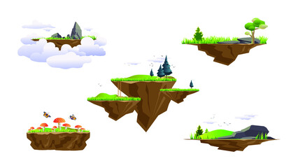 Set of game elements. The platforms with grass, flowers, trees, bushes, mushrooms, butterflies, mountains and flying on the clouds, others. Vector drawings for mobile games.