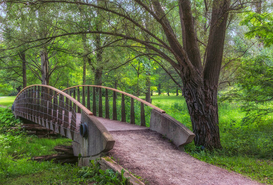 Beautiful view of a bridge in Arboretum park in Guelph, Ontario, Canada