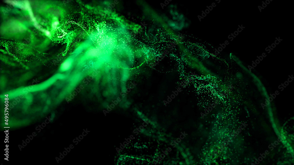 Poster injection of fluorescent ink in water isolated on black background. 3d render of glow particles as f