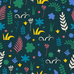 Fototapeta na wymiar Vector seamless floral pattern. Repeating elements - branches, leaves, flowers and buds. Dark background.