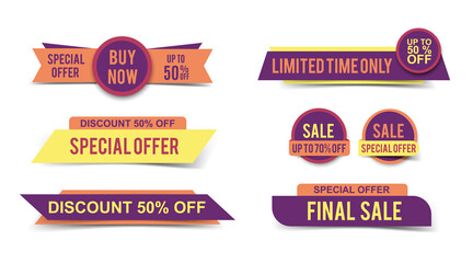 Set of Sale tags or banners in summer colors, special offer headers, discount stickers. Vector elements for website design