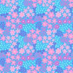 Fototapeta na wymiar A simple cute pattern of small pink, lilac, blue flowers on a blue background. Modern vector floral texture. Summer meadow in delicate doll colors. Seamless pattern for fashion prints