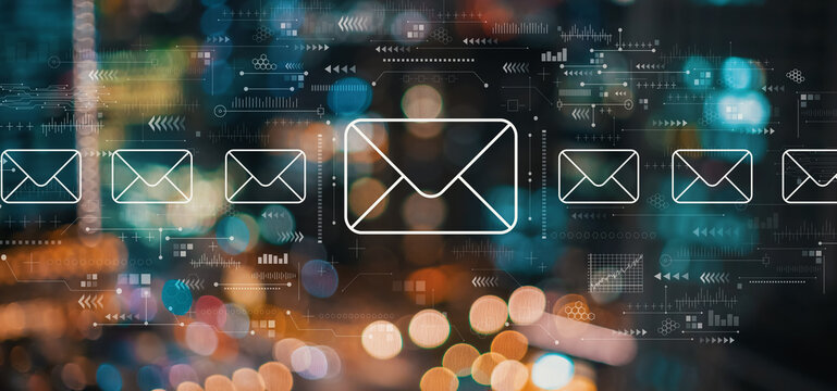 Email concept with blurred city abstract lights background