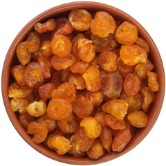 Dried cherry yellow in a brown ceramic bowl isolated on white background.