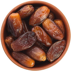 Dried dates in a brown ceramic bowl isolated on white background.