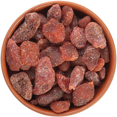 Dried Strawberry in a brown ceramic bowl isolated on white background.