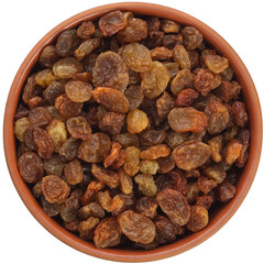 Bowl with dried golden raisins in a brown ceramic bowl isolated on white background.