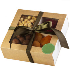 Assorted nuts in a Gift box with a set of different types of nuts and dried apricots and rahatlukum...