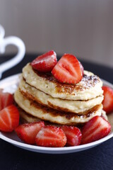 closeup pancakes with strawberries food sweet dessert tasty nobody