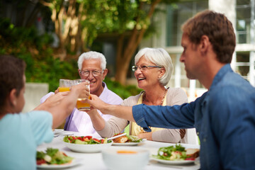 Family get-togethers are so much fun. Shot of a family toasting each other over a lunch outside.