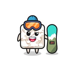 Illustration of ceramic tile character with snowboarding style