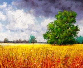 Oil paintings summer landscape, field and sky, tree in the field - 495801098