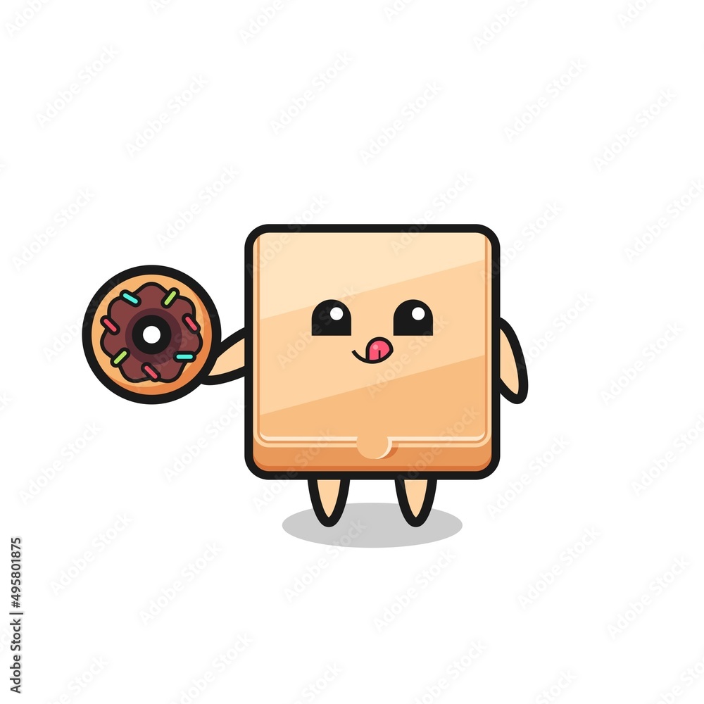 Wall mural illustration of an pizza box character eating a doughnut