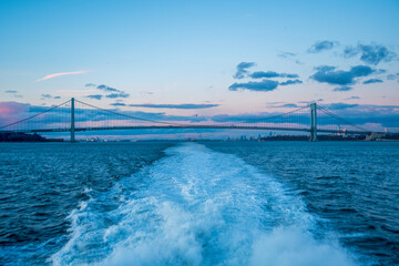 Blue hour and and the Verrazano Narrows bridge as seen from the ferry