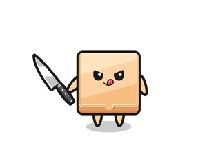 cute pizza box mascot as a psychopath holding a knife