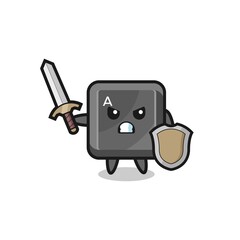 cute keyboard button soldier fighting with sword and shield