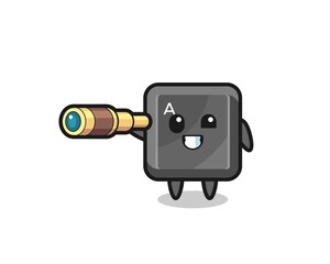 cute keyboard button character is holding an old telescope