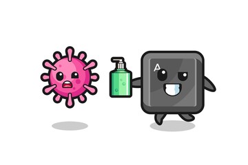 illustration of keyboard button character chasing evil virus with hand sanitizer