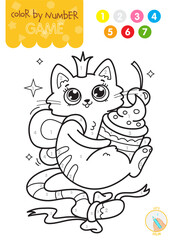 Color by number. Educational game for children. Cute cartoon cat with a cake.
