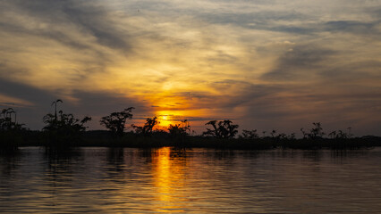 Fototapeta na wymiar Beautiful sunset over an lake in the Amazon rainforest of Ecuador, South America