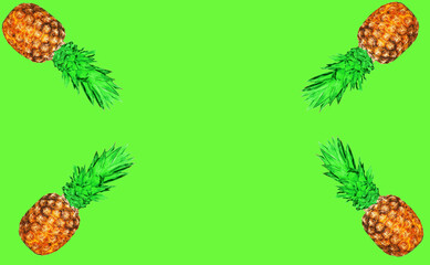 Fototapeta premium Pineapple on green background, exotic pattern, colorful ananas