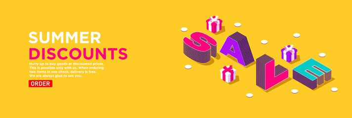 Bright yellow vector banner in isometric view. Summer sales in online stores. Promotions and discounts concept. Volumetric letters surrounded by boxes with gifts decorated with ribbons. Order delivery