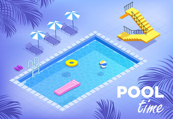 Vector isometry. Summer advertising poster template or pool party invitation. Hello vacation. A recreation place for a family with children by the water with a circle and a beach ball. Country club