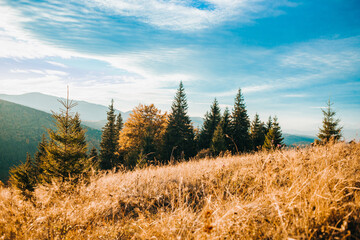 Amazing horizontal shot of the rising sun and high mountains und