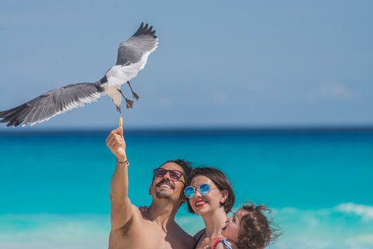 Young latin family enjoying the beach feeding seagulls