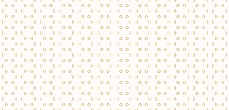 Vector golden minimalist seamless pattern with tiny geometric flowers, snowflakes, star shapes. Simple abstract gold and white background. Luxury minimal texture. Repeat design for wallpapers, decor