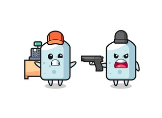 illustration of the cute chalk as a cashier is pointed a gun by a robber