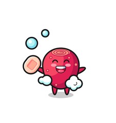 prickly pear character is bathing while holding soap