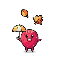 cartoon of the cute prickly pear holding an umbrella in autumn