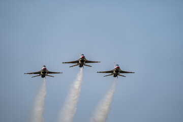 Low angle shot of warplanes maneuvering in the sky