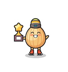 almond cartoon as an ice skating player hold winner trophy