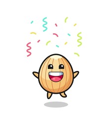 happy almond mascot jumping for congratulation with colour confetti