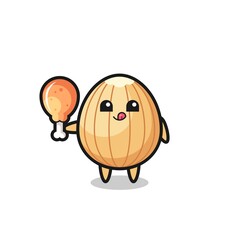 almond cute mascot is eating a fried chicken