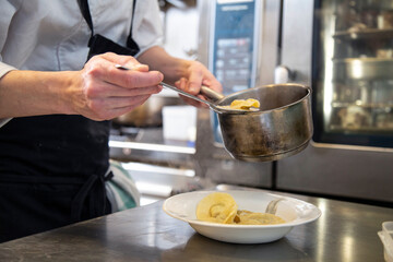 Obraz na płótnie Canvas chef sirve plato de tortelini pasta fresca en cocina de restaurante con salsa, una cuchara y una cazuela close-up