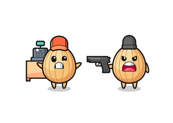 illustration of the cute almond as a cashier is pointed a gun by a robber