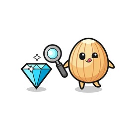 almond mascot is checking the authenticity of a diamond