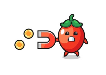 the character of chili pepper hold a magnet to catch the gold coins