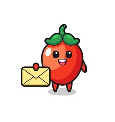 cartoon illustration of chili pepper holding a yellow letter