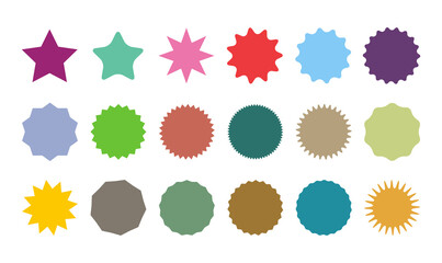 Set of Vector Colored Starburst Badges. Simple Flat Style Vintage Labels, Stickers.