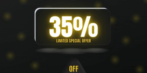 Fototapeta premium 35% off limited special offer. Banner with thirty five percent discount on a black background with white square and black