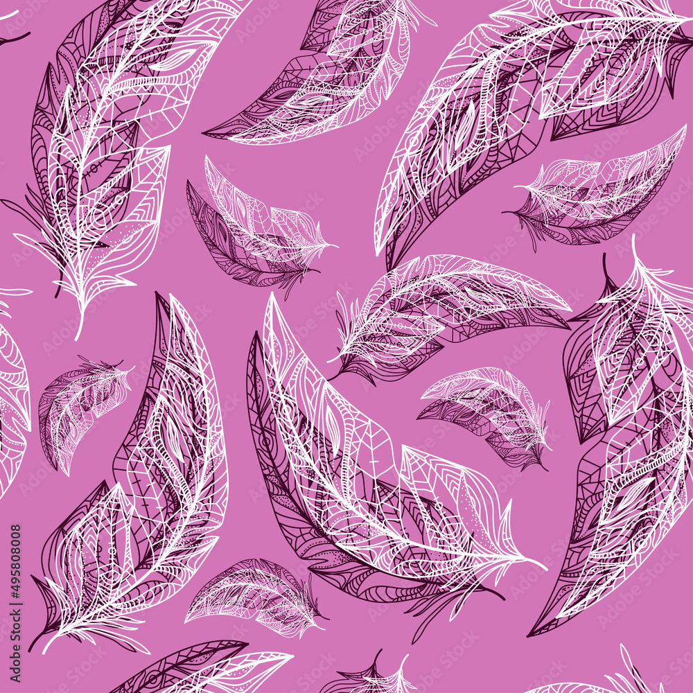 Poster white feathers seamless pattern on pink background in tribal style with contrast shadows.vector illu