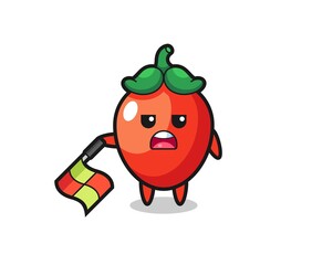 chili pepper character as line judge hold the flag down at a 45 degree angle
