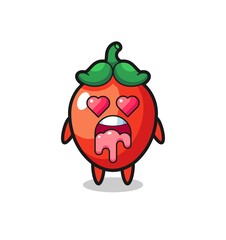 the falling in love expression of a cute chili pepper with heart shaped eyes