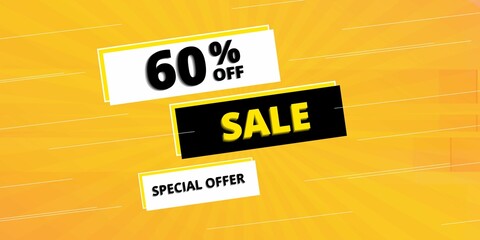 60% off limited special offer. Banner with  sixty percent discount on a yellow background with white squares and black