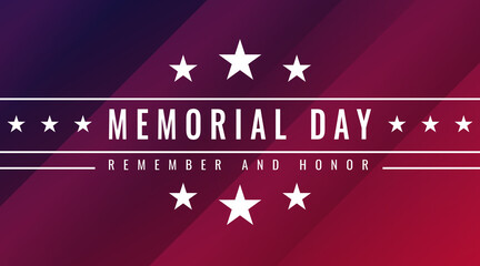 Memorial Day - Remember and Honor Poster. Usa Memorial Day celebration. American national holiday. Invitation template with white text on stripped blue background with stars